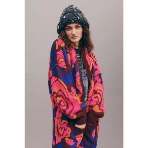 Free People Bloom Cardi Size Large Floral Cocoon Sweater Pink